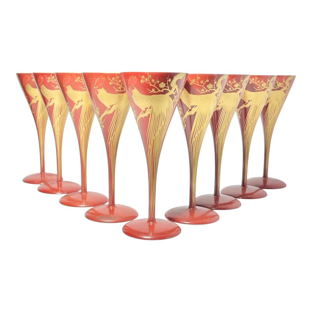 1960s 9 Red Gold Urushi Lacquer Onagadori Rooster Sake Cocktail Glasses 6” 2.5oz